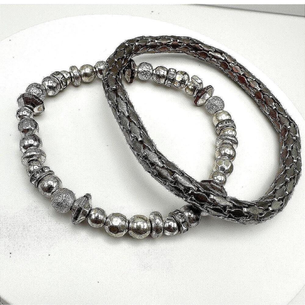 Vintage 90s Dual-Tone Multi-Strand Leather & Silver-Tone Metal Bead Bracelets